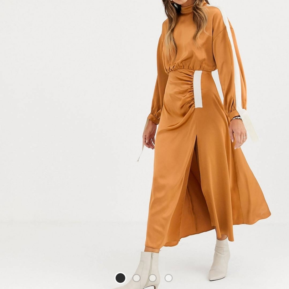 Asos Copenhagen ruched satin midi dress with herringbone tape